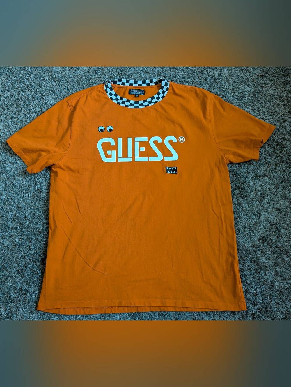 Guess x J Balvin Orange Monster Checker Embroidered Cotton Shirt Men's L